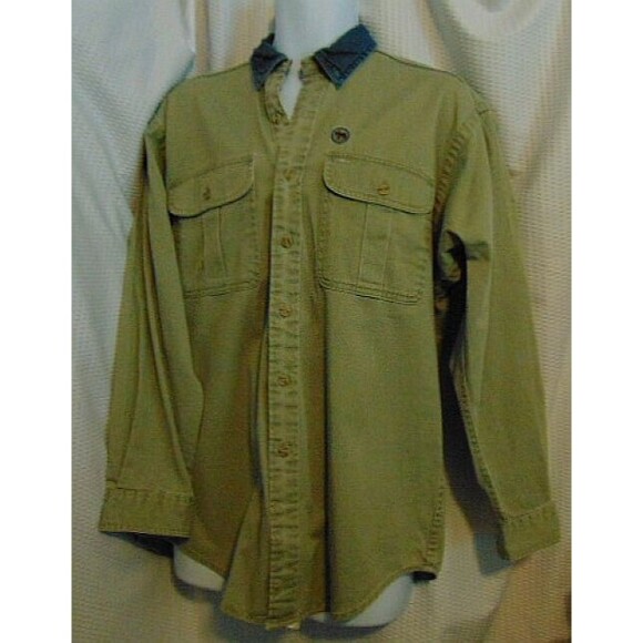 Vtg. Canadian Outdoors Long-Sleeve Button Shirt Embroidered Moose Khaki/Denim XL - Picture 2 of 13